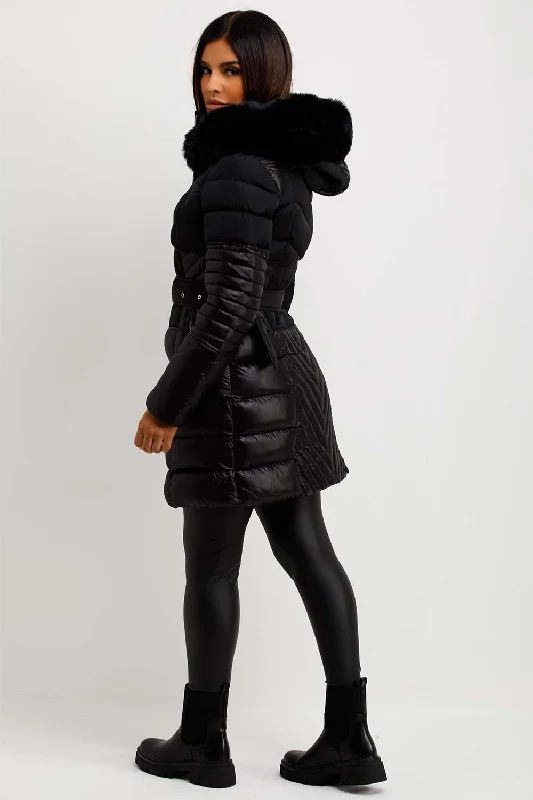 Puffer Coat With Fur Hood And Belt Black