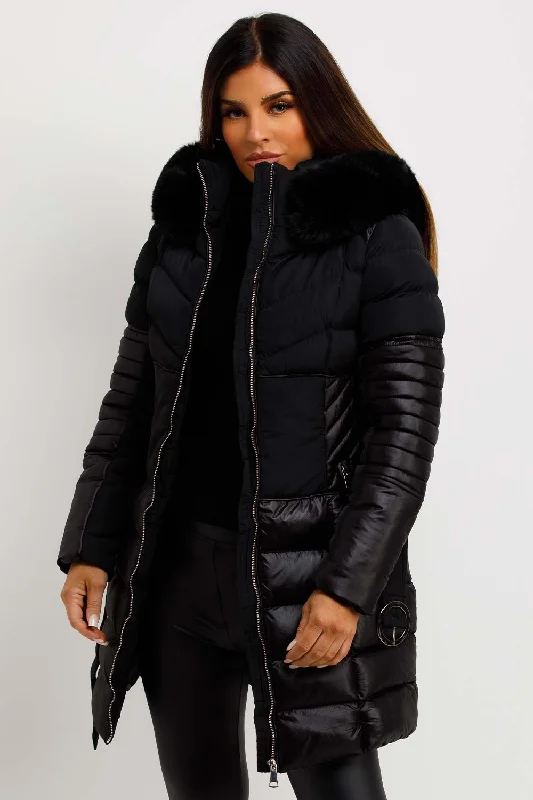 Puffer Coat With Fur Hood And Belt Black