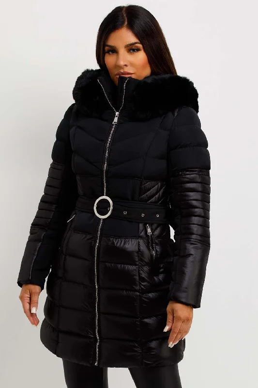 Puffer Coat With Fur Hood And Belt Black