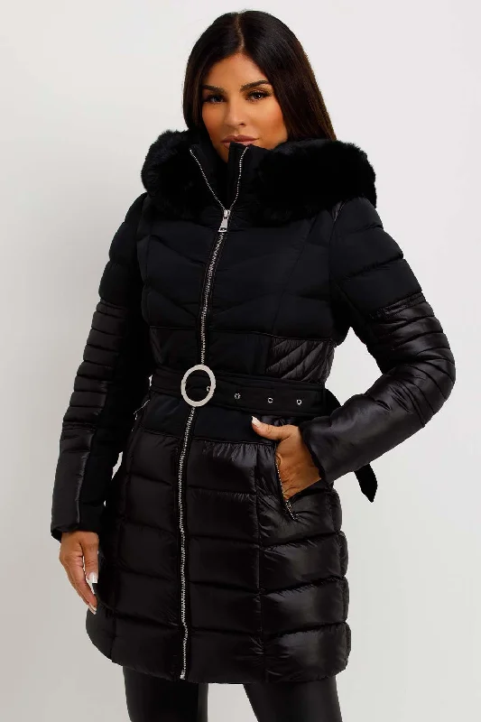 Puffer Coat With Fur Hood And Belt Black