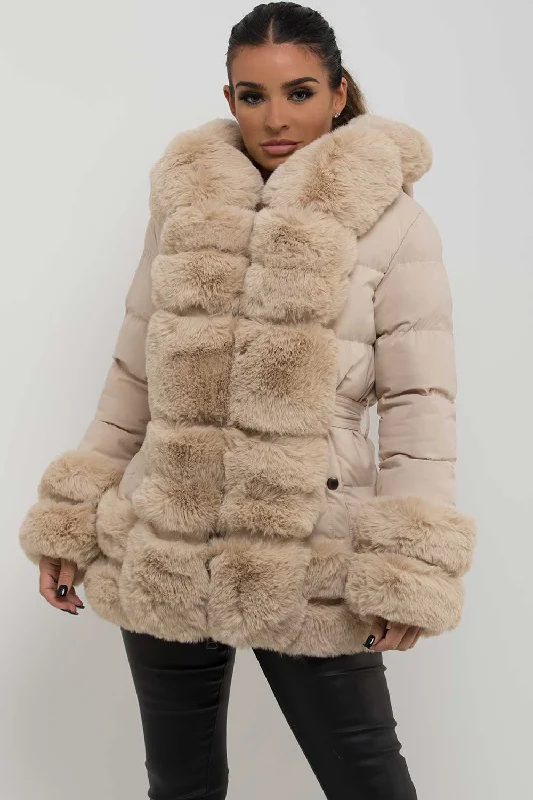 Puffer Jacket With Fur Hood Cuff And Trim Beige