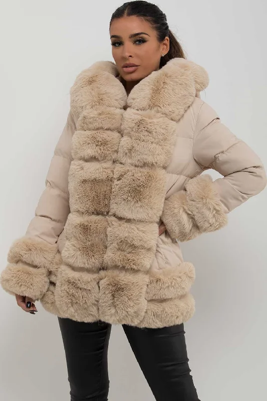 Puffer Jacket With Fur Hood Cuff And Trim Beige