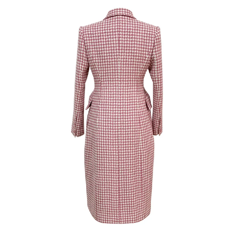 Retro Houndstooth Print Peak Lapel Double Breasted Woolen Tailored Duster Coat