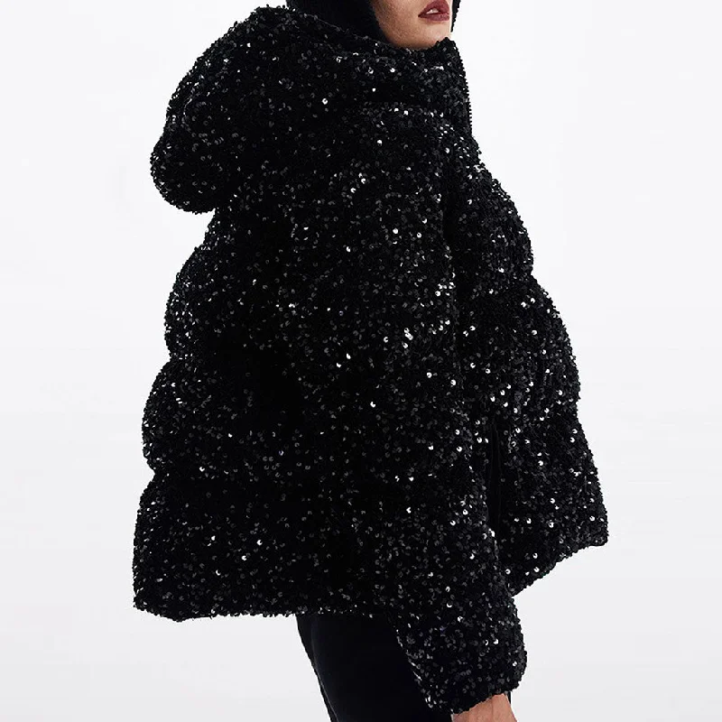 Sparkly Sequin Embellished Hooded Zip Up Oversized Velvet Down Puffer Jacket