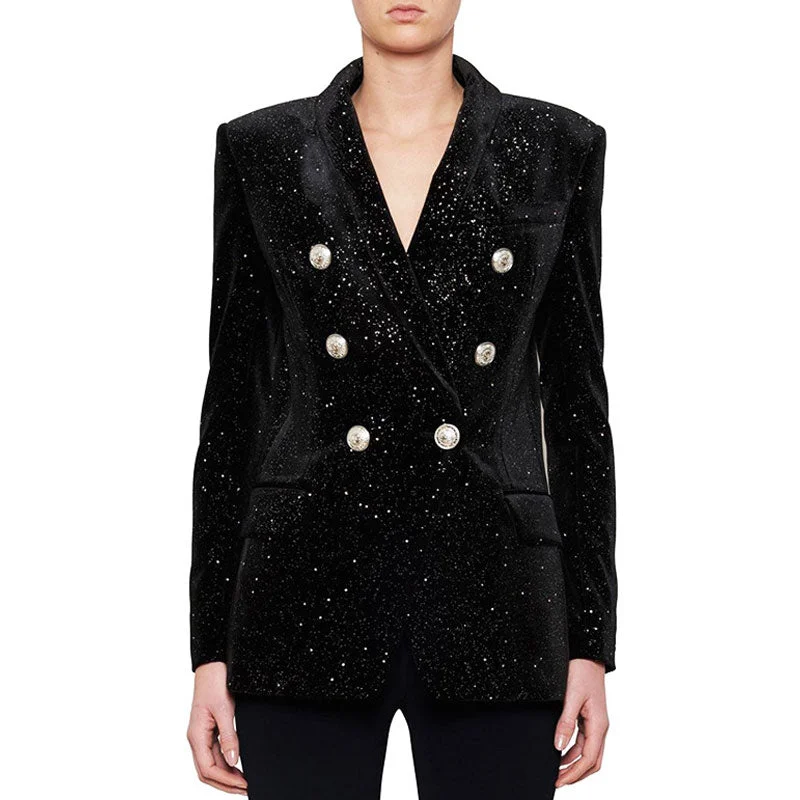 Starry Detail Shawl Collar Double Breasted Padded Long Sleeve Velvet Tailored Blazer