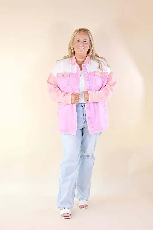 Style Mentor Color Block Button Up Jacket in Coral and Pink