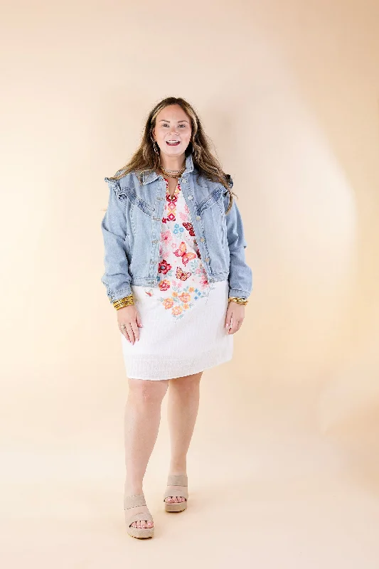 Sweeten the Deal Ruffle Detail Cropped Denim Jacket in Light Wash