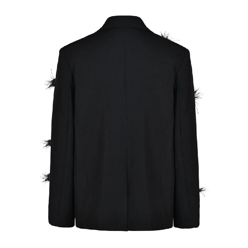 Upscale Feathery Gem Corsage Lapel Collar Single Breasted Long Sleeve Blazer