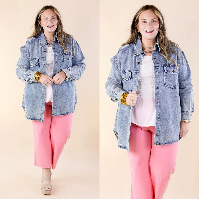 Wish and Wander Distressed Denim Button Up Shacket in Light Wash