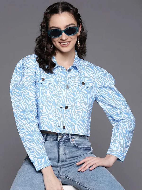 Women Blue Abstract Print Twill Crop Jacket