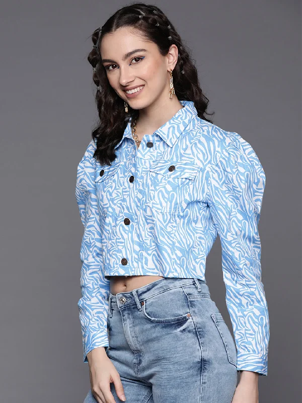 Women Blue Abstract Print Twill Crop Jacket