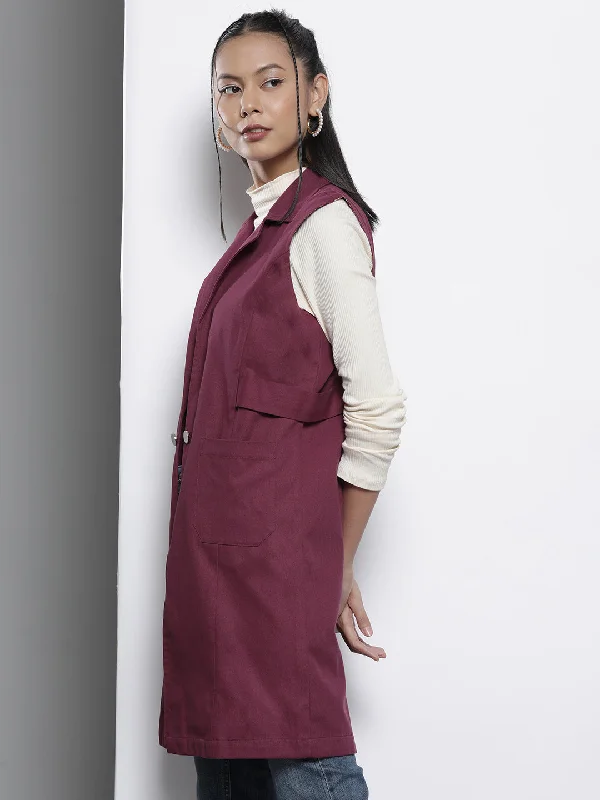 Women Burgundy Twill Longline Sleeveless Jacket