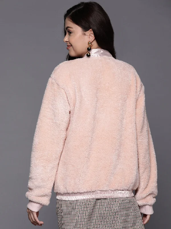 Women Pink Front Pocket Faux Fur Jacket