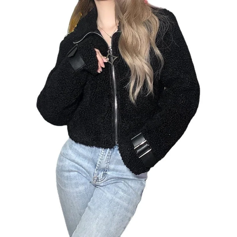 Women's Grunge Turn-down Collar Buckles Sherpa Coat