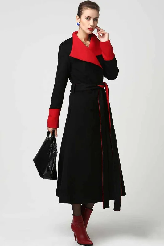 Womens Long Black Wool Coat with Red Detailing and Shawl Collar 1106#