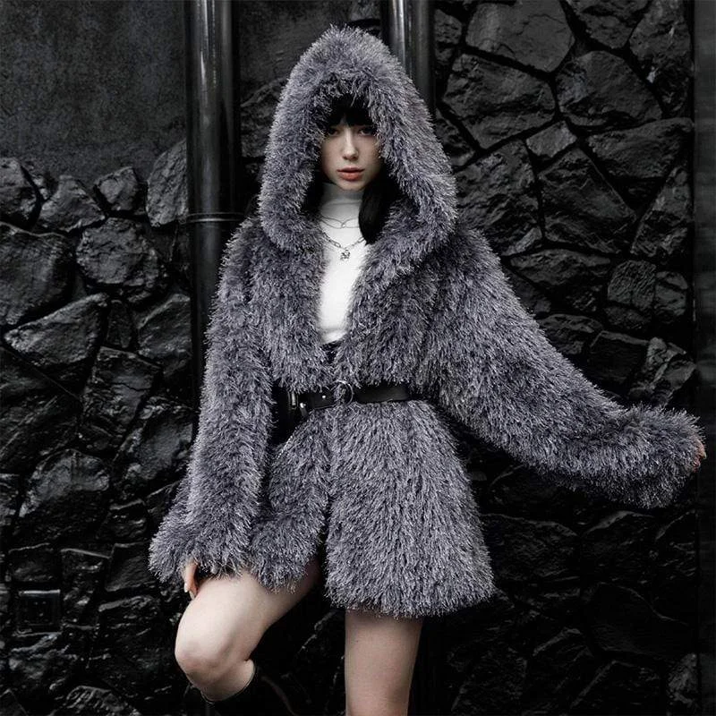 Women's Punk Plush Winter Coat with Hood