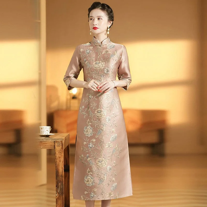 3/4 Sleeve A-line Floral Brocade Retro Cheongsam Chinese Dress