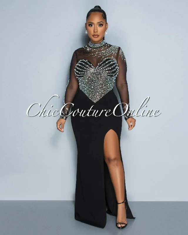 Akona Black Mesh Bust Rhinestones Maxi Dress