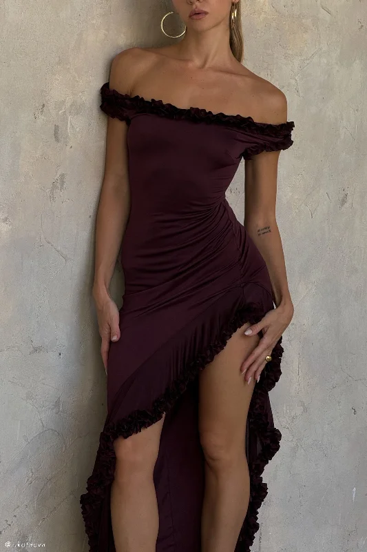 Arielle Off Shoulder Ruffle Midi Dress - Plum