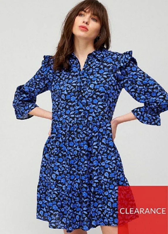 Button Through Shirt Dress Blue Floral UK 14 ****Ref V271