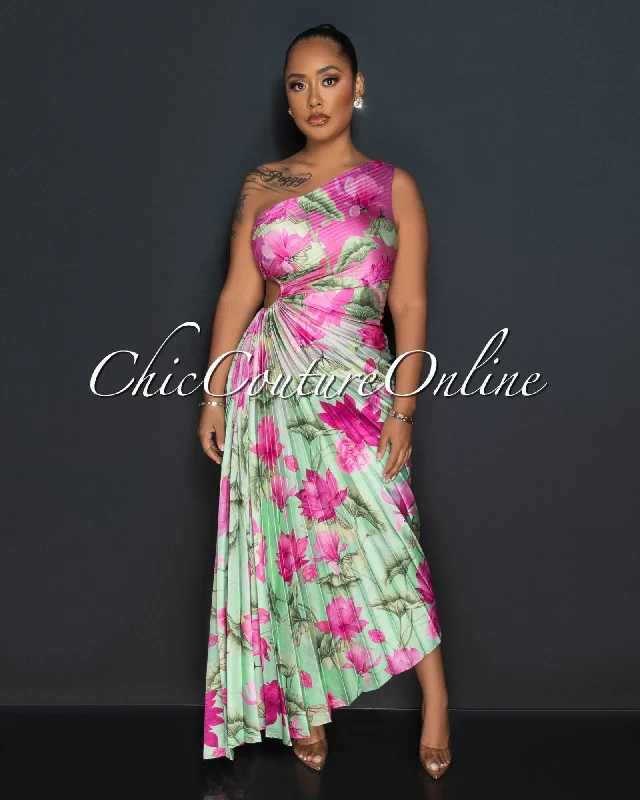 Carmine Green Fuchsia Print Pleated Single Shoulder Maxi Dress