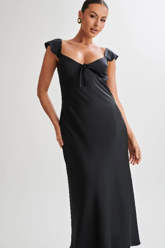 Chantal Short Sleeve Satin Midi Dress - Black