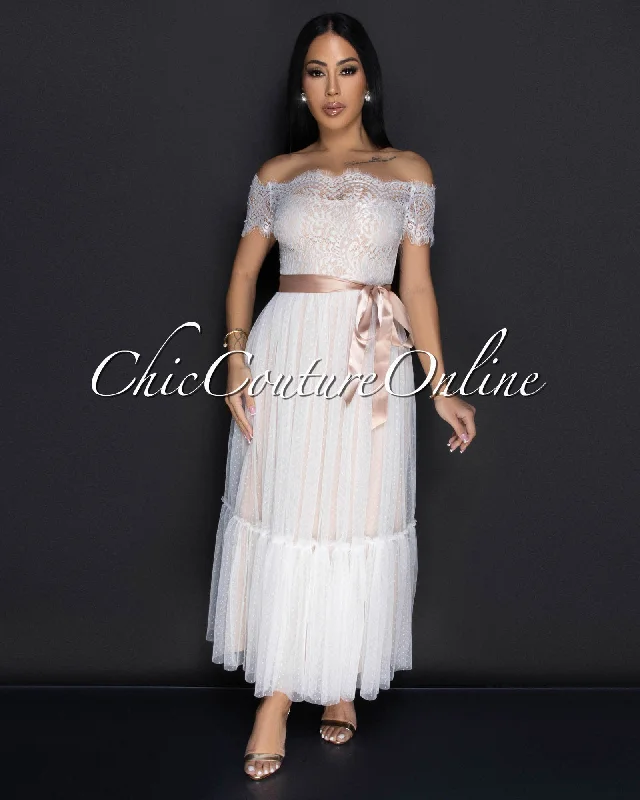 Cosetta White Lace Nude Illusion Ribbon Midi Dress