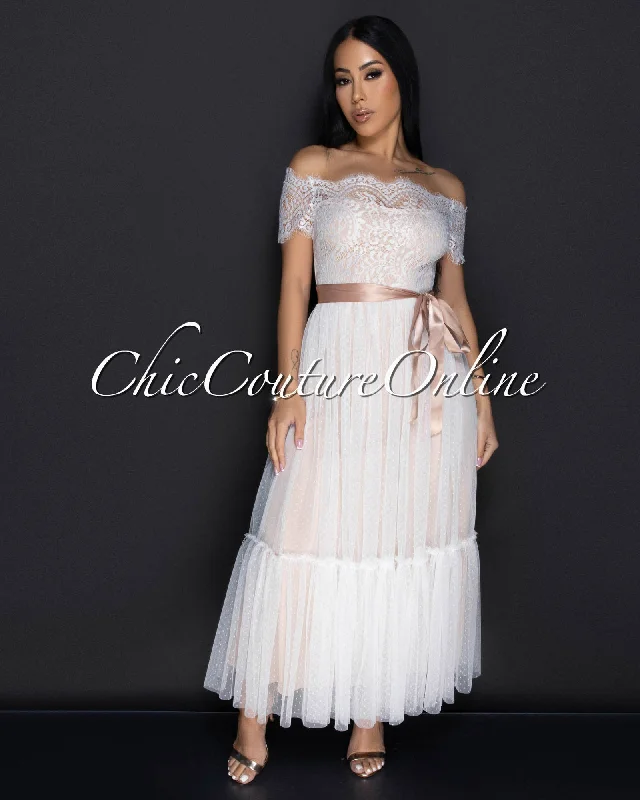 Cosetta White Lace Nude Illusion Ribbon Midi Dress