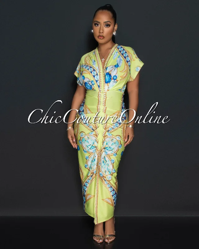 Elina Lime Green Print Deep V Neck Draped Maxi Dress