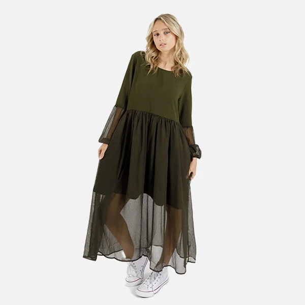 Federation Sheer Tier Dress - Olive