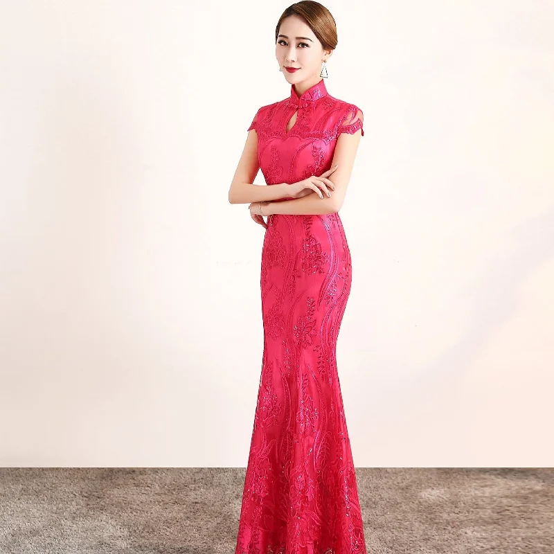 Floral Appliques Lace Full Length Mermaid Cheongsam Evening Dress