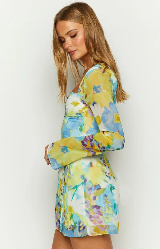 Lucy Blue Floral Long Sleeve Mini Dress