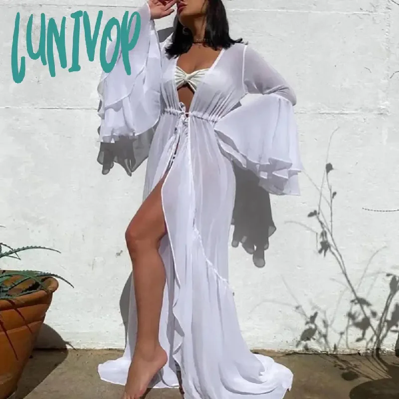 Lunivop Casual Loose Female Swimming Cover Up Tops Oversized Solid Long Sleeve Beachwear Veil Dress Women Maxi Ruffle Patchwork Clothing