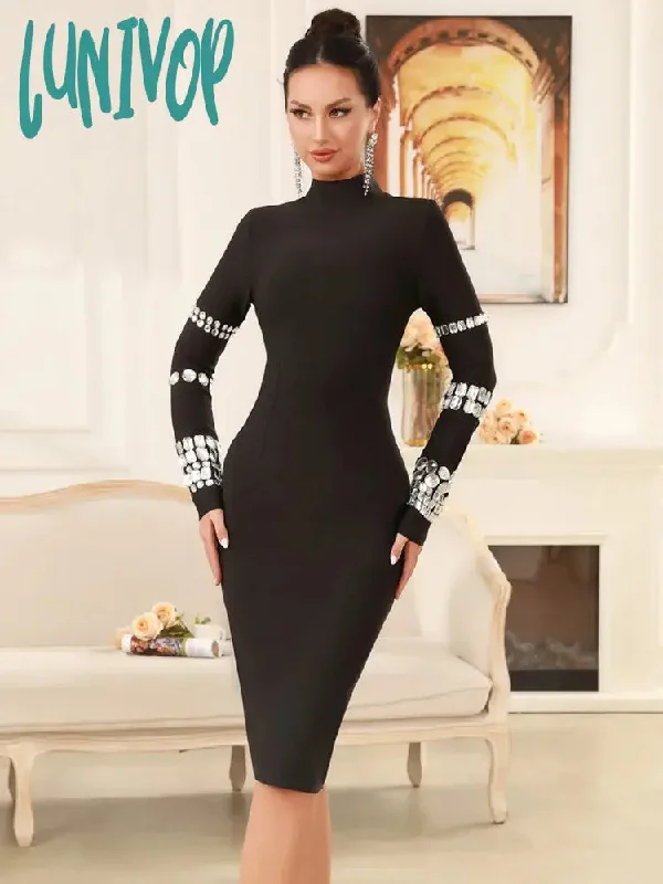 Lunivop New Women Celebrity Sexy Long Sleeve Diamonds Beading Black Mini Bandage Dress 2024 Knitted Elegant Evening Club Party Dress