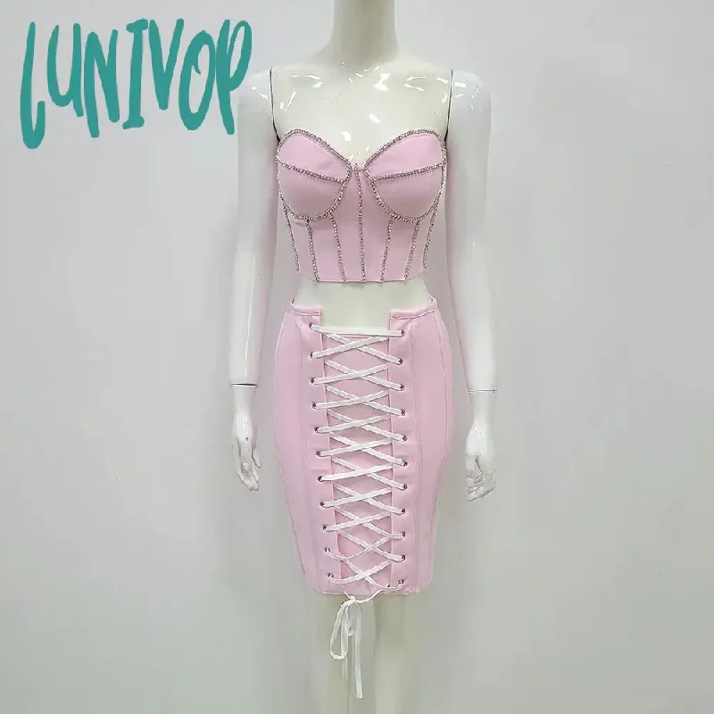 Lunivop Women Summer Sexy Strapless Lace Diamonds Pink Mini Bandage Skirt Set Knitted Elegant Evening Club Party Dress