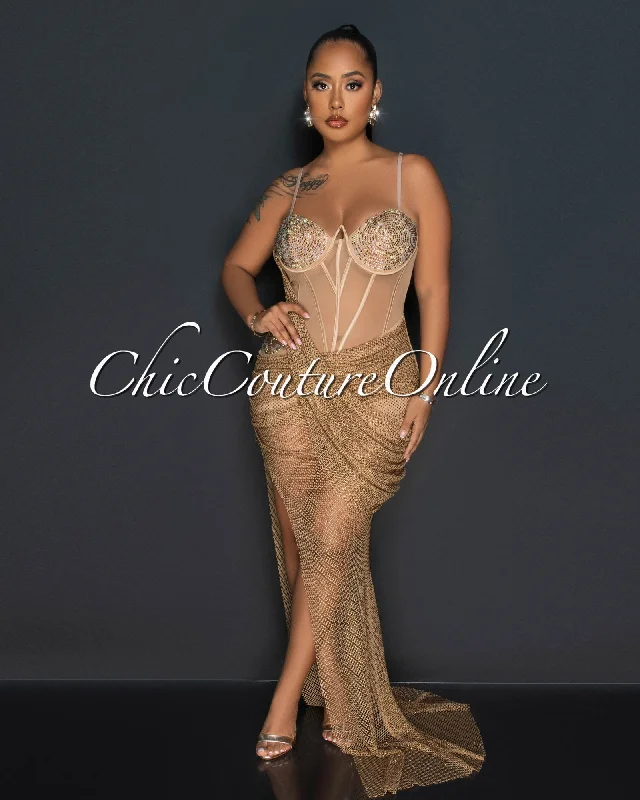 Ryder Nude Gold Rhinestones Fishnet Maxi Dress