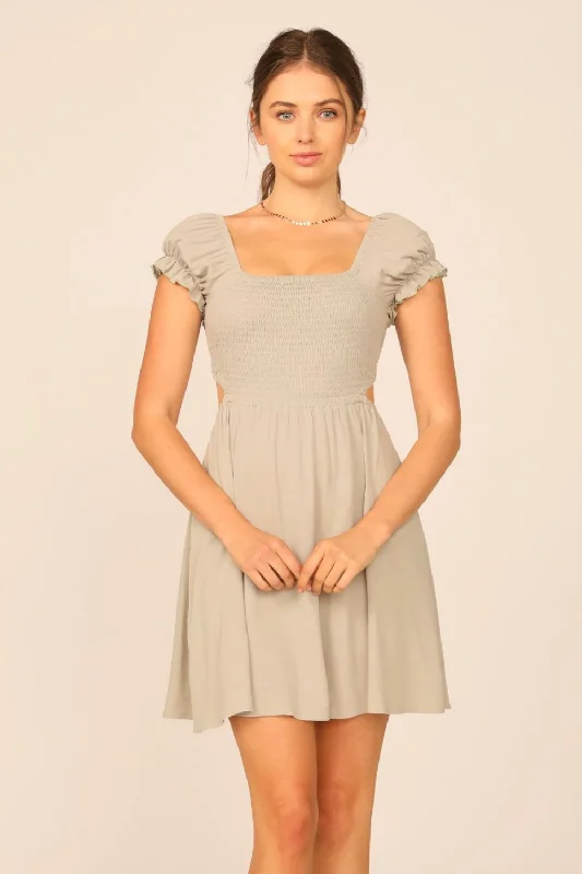 Soft Olive Washed Crepe Smocked Bodice Puff Sleeve Dress