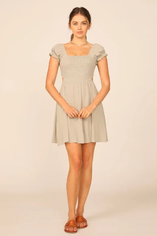 Soft Olive Washed Crepe Smocked Bodice Puff Sleeve Dress