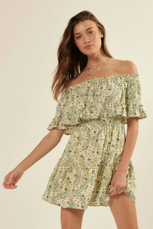 Sun Garden Floral Off-Shoulder Flounce Mini Dress