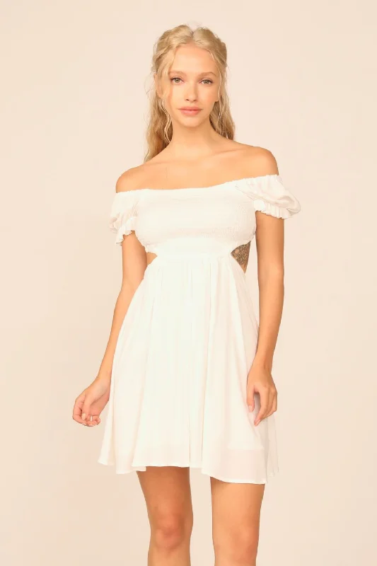 White Washed Crepe Smocked Bodice Puff Sleeve Dress