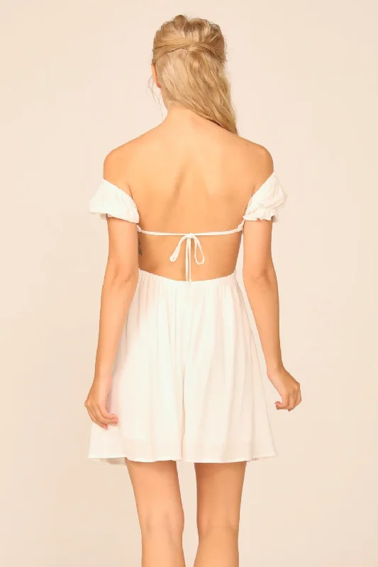 White Washed Crepe Smocked Bodice Puff Sleeve Dress