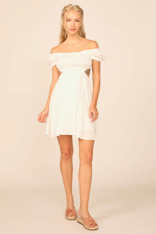 White Washed Crepe Smocked Bodice Puff Sleeve Dress