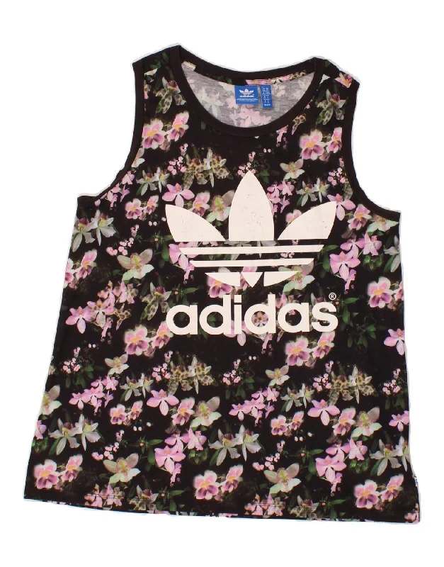 ADIDAS Womens Graphic Vest Top UK 14 Large Black Floral Polyester