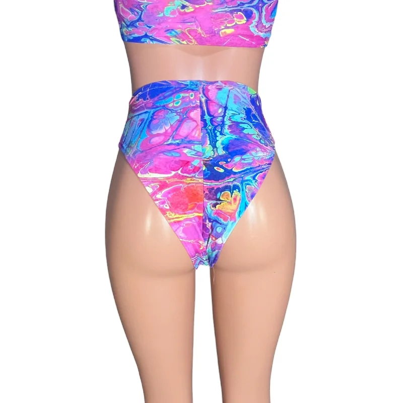 HIGH Thigh Bikini Bottom in Rainbow Vapor Spandex | Cheeky Brazilian Bikini for Rave Outfit