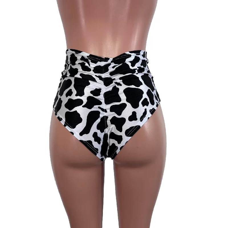 High Waist Scrunch Bikini - Black & White Cow