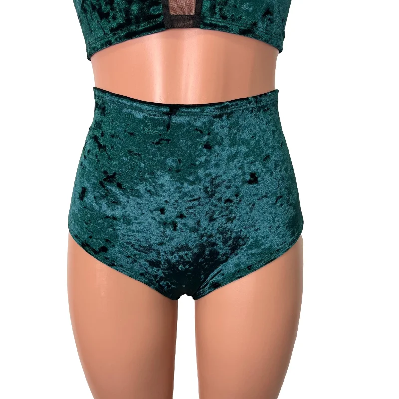 High Waist Scrunch Bikini Hot Pants - Hunter Green Crushed Velvet