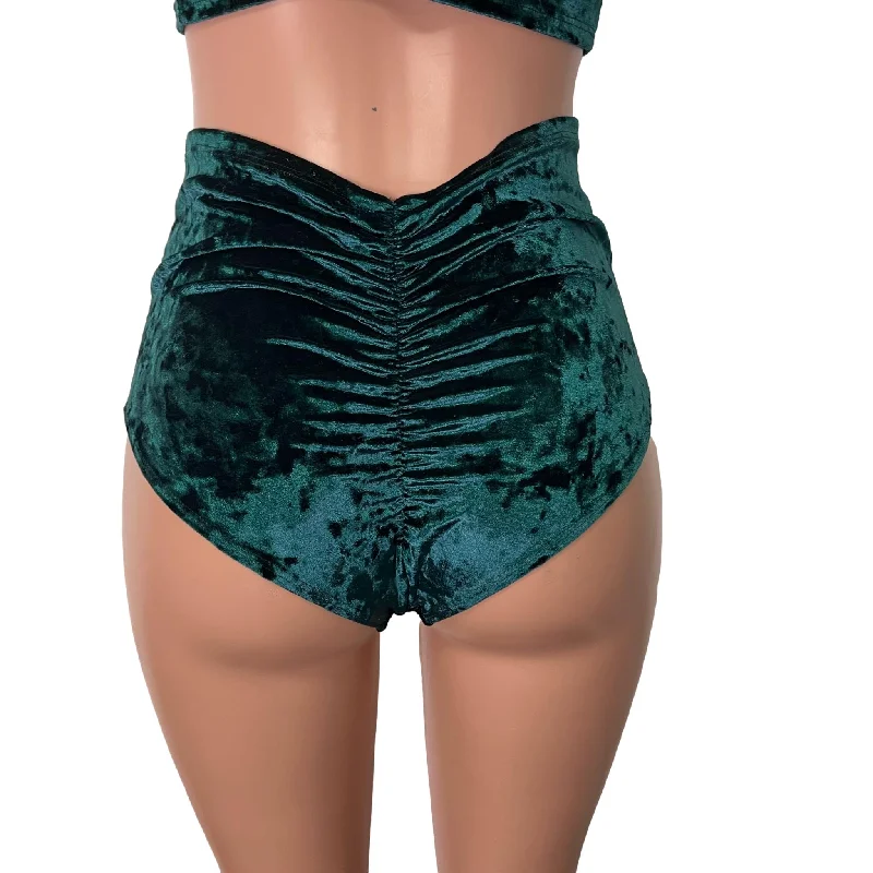 High Waist Scrunch Bikini Hot Pants - Hunter Green Crushed Velvet