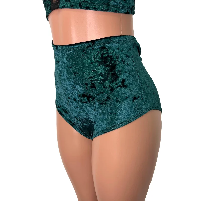 High Waist Scrunch Bikini Hot Pants - Hunter Green Crushed Velvet