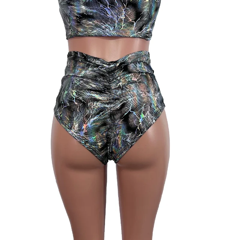 High Waist Scrunch Bikini Hot Pants - Silver on Black Holo Cracked Ice