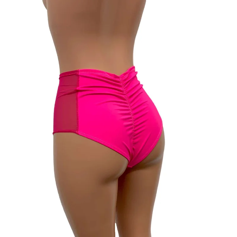 Mesh Side Scrunch Bikini - High Waist - Neon Pink